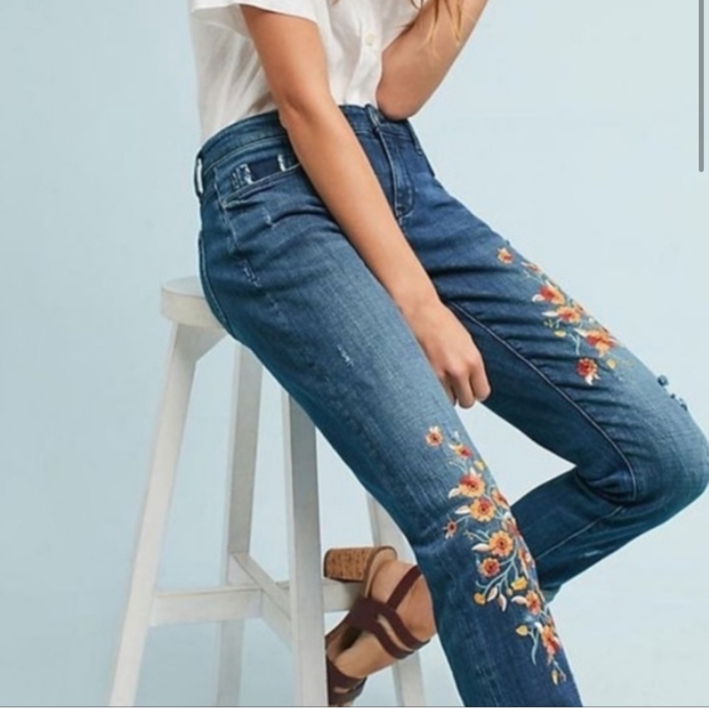 Anthropologie Blue Embroidered Boyfriend Jeans